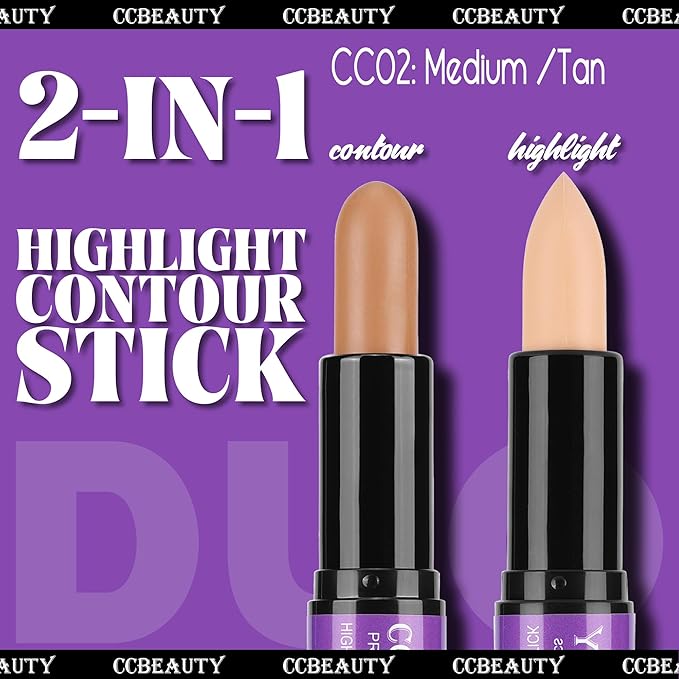 CCbeauty 2pcs 2-IN-1 Matte Contour Highlighter Stick with