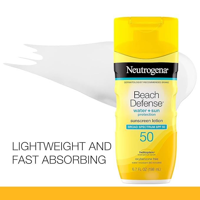 Neutrogena Beach Defense Water-Resistant Sunscreen Lotion with Broad Spectrum SPF 30, Oil-Free and PABA-Free Oxybenzone-Free, UVA/UVB Sun Protection, SPF 50, 6.7 fl. oz