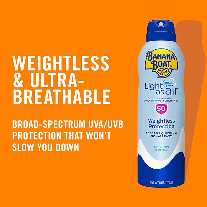 Banana Boat Light As Air Sunscreen Spray SPF 50, 9.5oz | Lightweight Sunscreen, Spray On Sunscreen, Body Sunscreen Spray, Non-Greasy Sunscreen, Oxybenzone Free Sunscreen, Family Size Sunscreen, 9.5oz