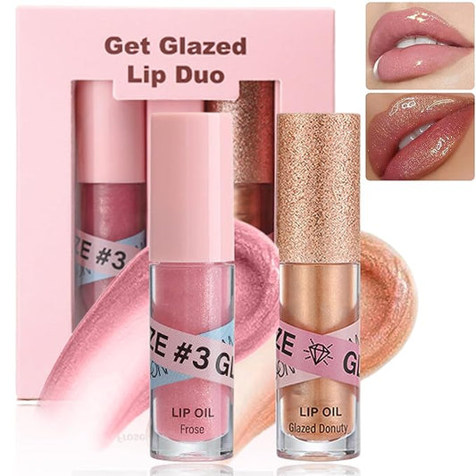 Lip Gloss Oil Set-2 Colors Hydrating Tinted Lipgloss Lip Glow Oil,Non-sticky Shiny and Vegan Lip Glaze, Glitter Crystal Jelly Lip Glaze,Women's Day Makeup Gift Kit for Women Girl-Set D