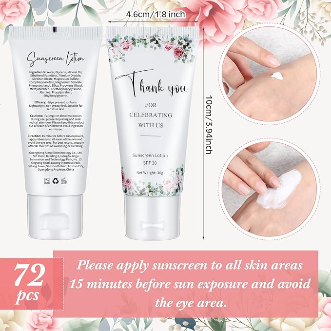 72 Pcs Mini Sunscreen Bulk for Summer Party Wedding SPF 30 Water Resistant Sunscreen Lotion Bulk 1oz Travel Size for Thank You Gifts Summer Party Wedding Supplies(Floral)