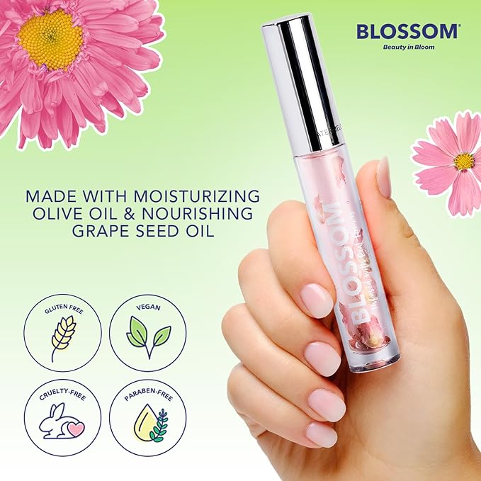 Blossom Moisturizing and Hydrating Shimmer Sparkle Lip Oil with Olive Oil + Grape Seed Oil, Infused with Real Flowers, 3g, Watermelon