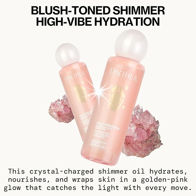 Pacifica Rose Quartz Body Oil – High Vibration Hydrating Body Oil with Natural Plant Oils & Rose Quartz Crystals, Moisturizing & Nourishing, Vegan & Cruelty-Free, Clean Beauty, Floral Scent, 4 oz