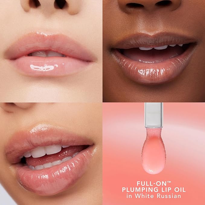 Buxom Full On Glossy Lip Oil in White Russian Power Line Plumping Lip Liner in Hush Hush Henna