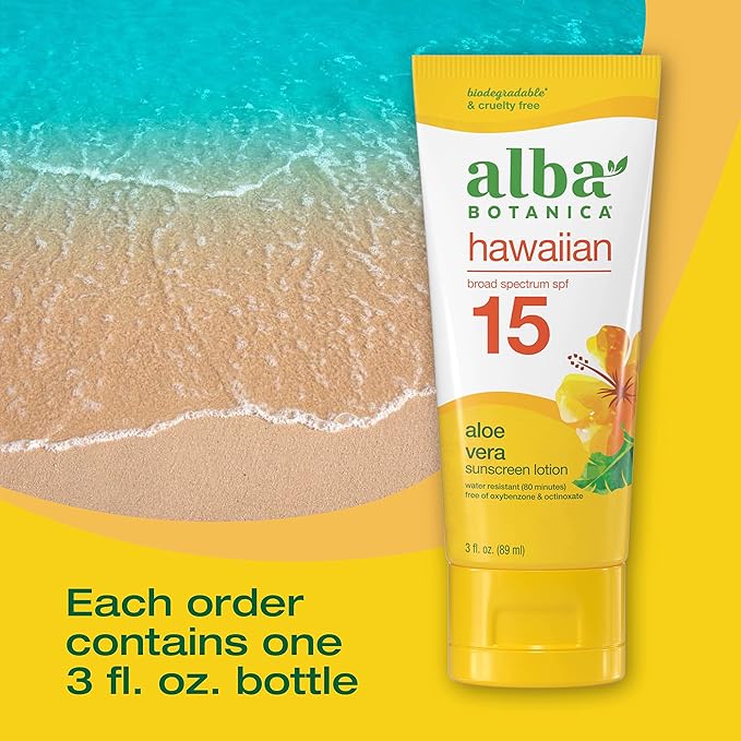 Alba Botanica Sunscreen for Face and Body, Hawaiian Aloe Vera Sunscreen Lotion, Broad Spectrum SPF 15 Sunscreen, Water Resistant and Biodegradable, 3 fl. oz. Bottle