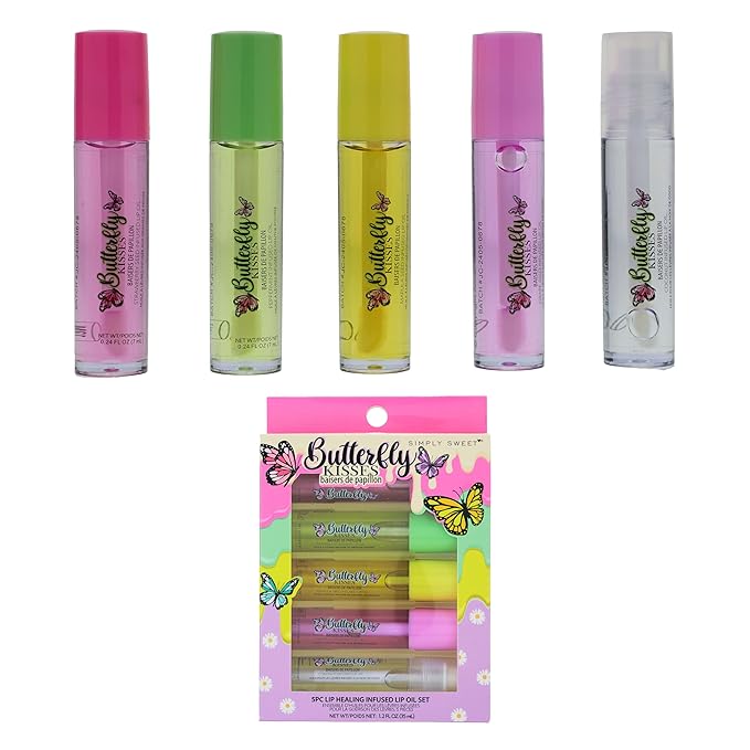5pc Lip Oil Set - Butterfly Kisses Lip Oils, Lip Healing Lip Oil Collection with Precision Applicator Wand for Everyday Lip Care and Lip Repair (BUTTERFLY KISSES)