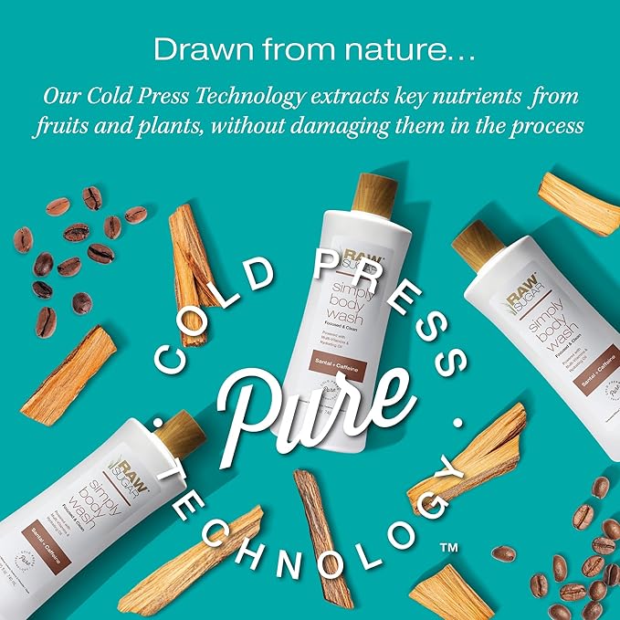 RAW SUGAR Simply Body Wash - Santal + Caffeine (25 Fl Oz, Pack of 1) Moisturizing & Soothing Bath & Shower Gel, Formulated without Sulfates & Parabens, Vegan