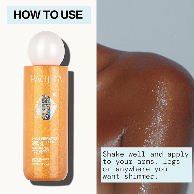 Pacifica Bronzing Body Oil – Crystal Bronze Shimmering Oil for Natural Sun-Kissed Glow, Hydrating Body Illuminator, Vanilla Coconut Scent, Vegan & Cruelty-Free, Clean Beauty, 4 fl oz