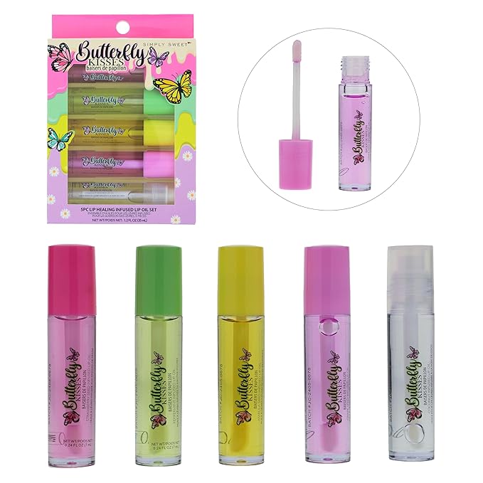 5pc Lip Oil Set - Butterfly Kisses Lip Oils, Lip Healing Lip Oil Collection with Precision Applicator Wand for Everyday Lip Care and Lip Repair (BUTTERFLY KISSES)