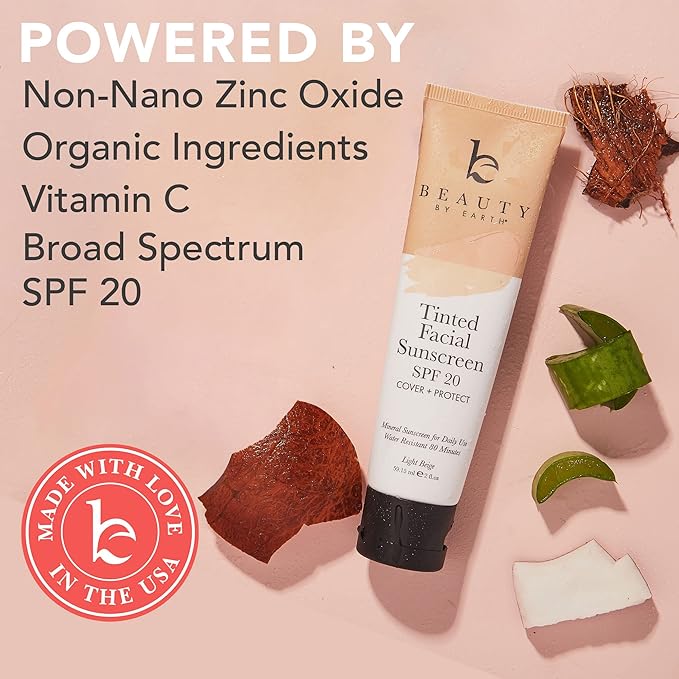 Tinted Sunscreen for Face - SPF 20 With Natural & Organic Ingredients Broad Spectrum Sunblock Lotion, Tinted Moisturizer Zinc Oxide Sunscreen Face for Skincare, Facial Sunscreen (Light Beige)
