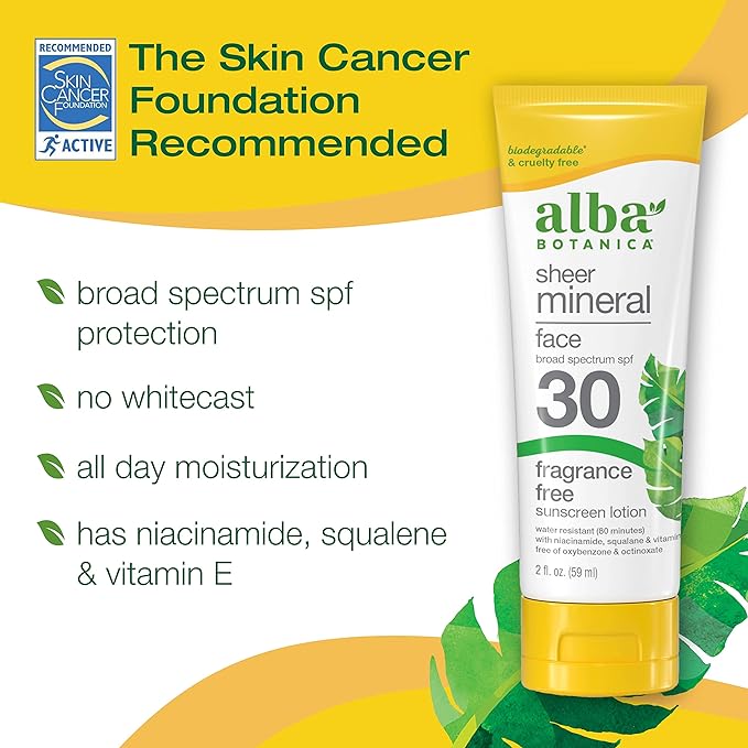 Alba Botanica Sunscreen for Face, Fragrance-Free Sheer Mineral Face Sunscreen Lotion, Broad Spectrum SPF 30, Water Resistant and Biodegradable, 2 fl. oz. Bottle