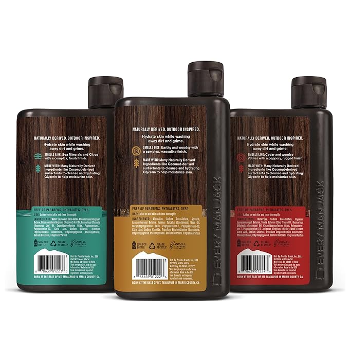 Every Man Jack Men's Body Wash Variety Pack - Includes 3 Body Washes with Natural Ingredients & Incredible Scents - Amber + Sandalwood, Cedar + Red Sage, Sea Minerals + Citron Fragrances (3 Pack)