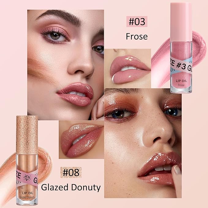 Lip Gloss Oil Set-2 Colors Hydrating Tinted Lipgloss Lip Glow Oil,Non-sticky Shiny and Vegan Lip Glaze, Glitter Crystal Jelly Lip Glaze,Women's Day Makeup Gift Kit for Women Girl-Set D