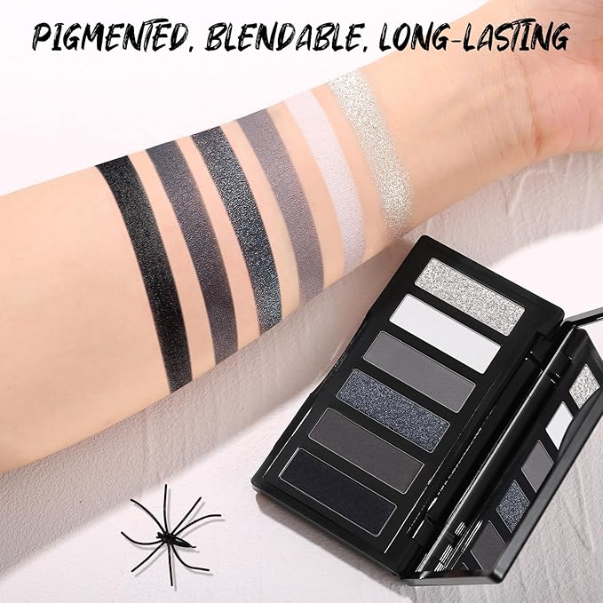 Black Eyeshadow Palette with Mirror Silver Gray Black Tones Matte Shimmer Smokey 6 Colors Mini Eye Shadow Pallet Travel Size Highly Pigmented for Vampire Clown Joker Goth Halloween Makeup