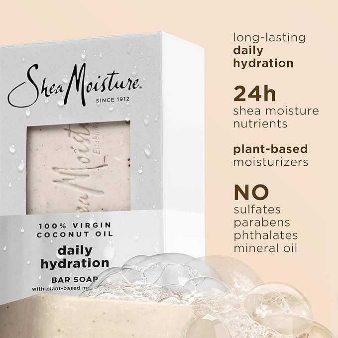 SheaMoisture Bar Soap Virgin Coconut Oil 4 count Nourish and Replenish Skin Daily Hydrating bar soap with 24h shea moisture nutrients for Healthy, Glowing Skin 8 oz