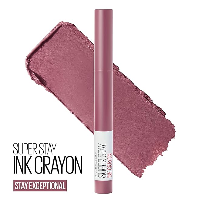 Maybelline Super Stay Ink Crayon Lipstick Makeup, Precision Tip Matte Lip Crayon with Built-in Sharpener, Longwear Up To 8Hrs, Stay Exceptional, Purple Beige, 1 Count