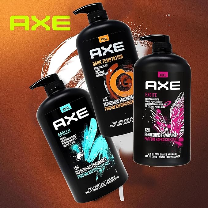 Axe Men's Body Wash Variety Set, Set of 3 Scents, Axe Dark Temptation, Apollo and Excite Body Wash, 3in1 Body and Face Wash in Pump Bottle, 33.8 Ounce Each
