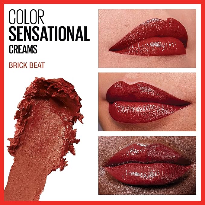 Maybelline Color Sensational Lipstick, Lip Makeup, Cream Finish, Hydrating Lipstick, Nude, Pink, Red, Plum Lip Color, Brick Beat, 0.15 oz; (Packaging May Vary)