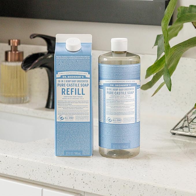 Dr. Bronner’s Pure-Castile Liquid Soap Bottle & Refill Carton - Made with Regenerative Organic Certified Oils, 82% Less Plastic-18-in-1 Uses for Face, Body Wash, Hand Soap Refill- Baby Unscented,32 oz