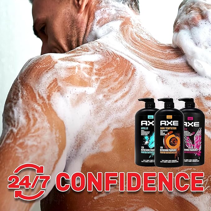 Axe Men's Body Wash Variety Set, Set of 3 Scents, Axe Dark Temptation, Apollo and Excite Body Wash, 3in1 Body and Face Wash in Pump Bottle, 33.8 Ounce Each