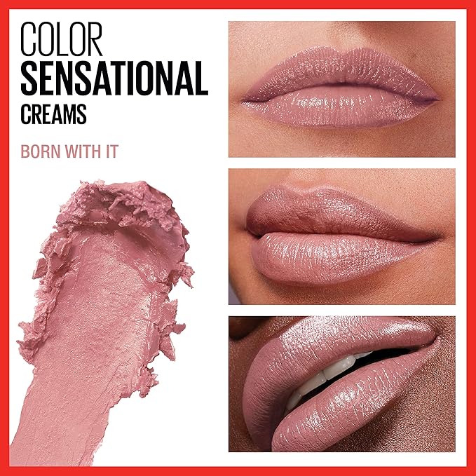 Maybelline Color Sensational Lipstick, Lip Makeup, Cream Finish, Hydrating Lipstick, Born With It, Nude Pink ,1 Count