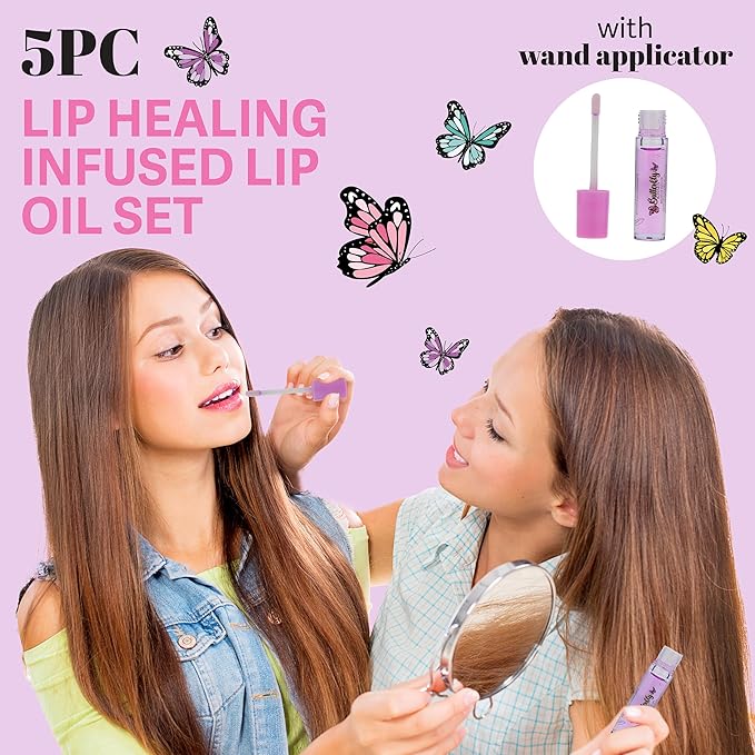 5pc Lip Oil Set - Butterfly Kisses Lip Oils, Lip Healing Lip Oil Collection with Precision Applicator Wand for Everyday Lip Care and Lip Repair (BUTTERFLY KISSES)
