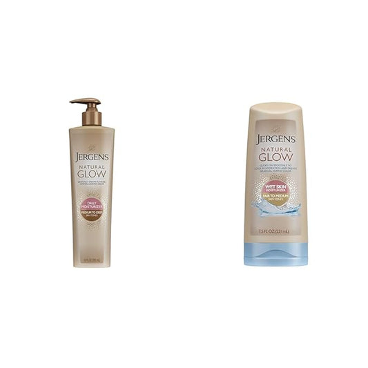 Jergens Natural Glow 3-Day Self Tanner for Medium to Deep Skin Tone & Natural Glow In-shower Lotion, for Fair to Medium Skin Tone, Wet Skin