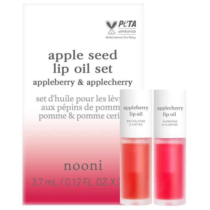 NOONI Korean Hydrating Lip Oil Set - Appleberry & Applecherry | Long-Lasting, Moisturizing, Plumping, Revitalizing for Dry Lips, Waterproof, No Peel Off, 0.12 FL Oz x 2ea