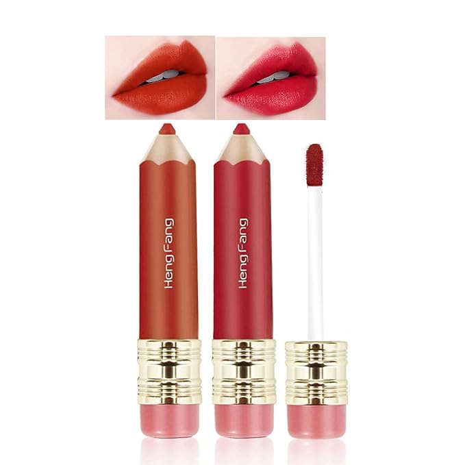2 Color Pencil Shaped Lip Gloss,Matte Hydrating Liquid Lipstick for Women Long Lasting Lip Tint Non-sticky Nourishing Lip Glosses Set (Black tea+Carrot)
