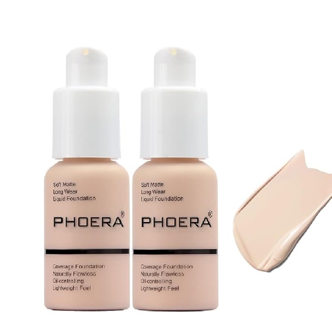 2 Pack Matte Oil Control Concealer Foundation Cream,PHOERA (101 Porcelain) 30ml