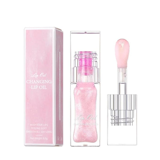 Magic Color Changing Lip Oil Ph, Glitter Lip Gloss, Upgraded Big Brush Head Moisturizing Lip Oil Long Lasting Nourishing Lip Glow Oil Non-Sticky Primer Lip Tint (Pink)