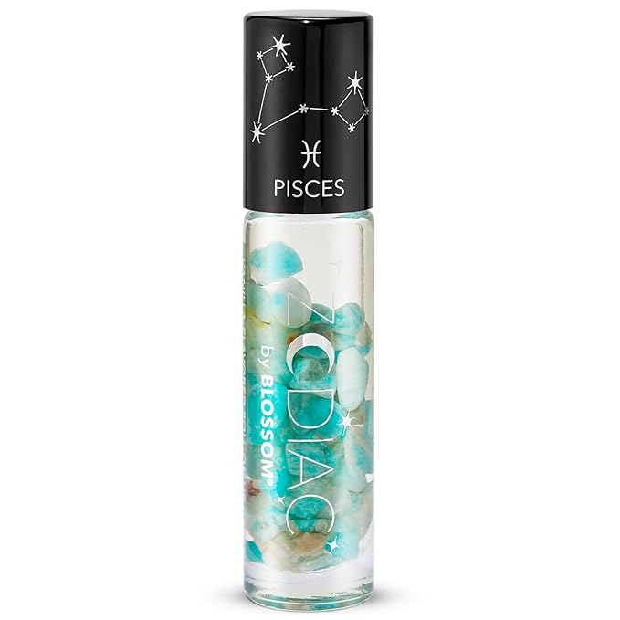 Blossom Zodiac Sign Vanilla Scented Moisturizing Roll-On Lip Gloss with Crystals + pH Technology Color Changing Crystal Strawberry Scented Lip Balm, 2 Pack Bundle, Pisces/Turquoise