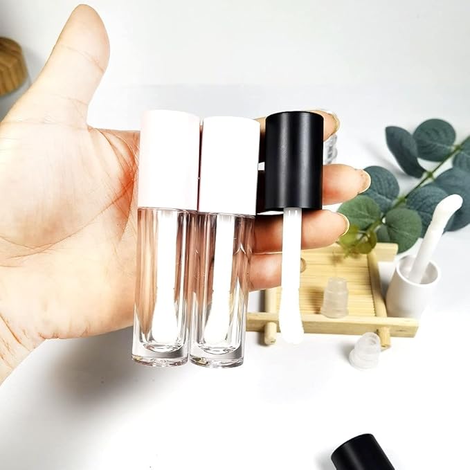 COSIDEA 24 pcs Empty 5ml big brush lip gloss tube black round lipgloss tubes container with big doe foot wand cosmetic packing containers