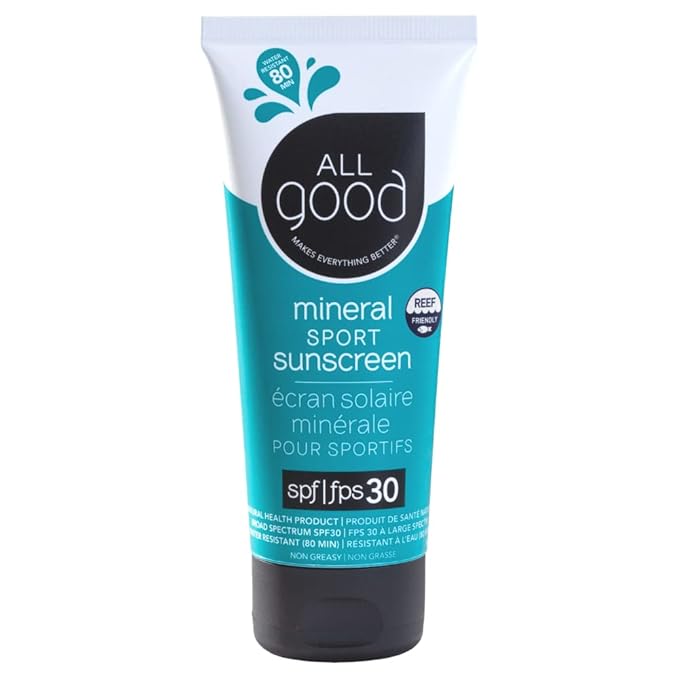 All Good Sunscreen - Sport Mineral Sunscreen Lotion, Reef Friendly, SPF 30+ for Face & Body, Water & Sweat Resistant (3 oz)