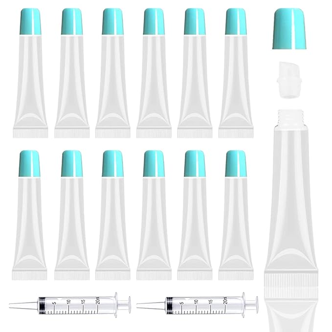 AMORIX 50PCS Lip Gloss Tubes 15ml Blue Lip Gloss Containers Empty Lip Balm Tubes Refillable Cosmetic Squeeze Lipgloss Tubes + 2 x 20ml Syringes Labels for DIY Lip Gloss Base Glitter