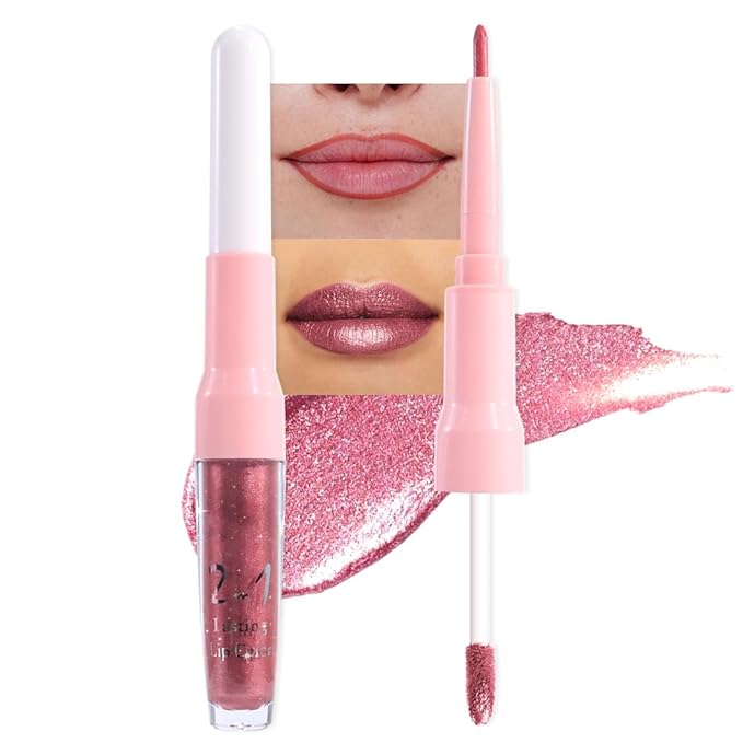 evpct Mauve Pink Metallic Glitter Lip Liner and Lipstick Combo Lip Gloss Stain Set Makeup for Women Long Lasting Waterproof 24, Dusty Rose Metallic Shimmer Frosted Iridescent Glossy Liquid Lipstick 16