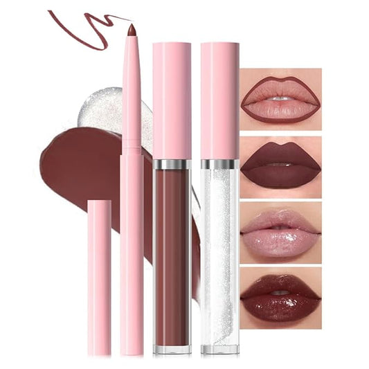 3-in-1Light Nude Matte Lip Stain Kit | Waterproof Lip Liner + Hydrating Matte Lip Gloss + Nourishing Lip Oil | Long Lasting Plumping to Create Perfect Lip Makeup.02#
