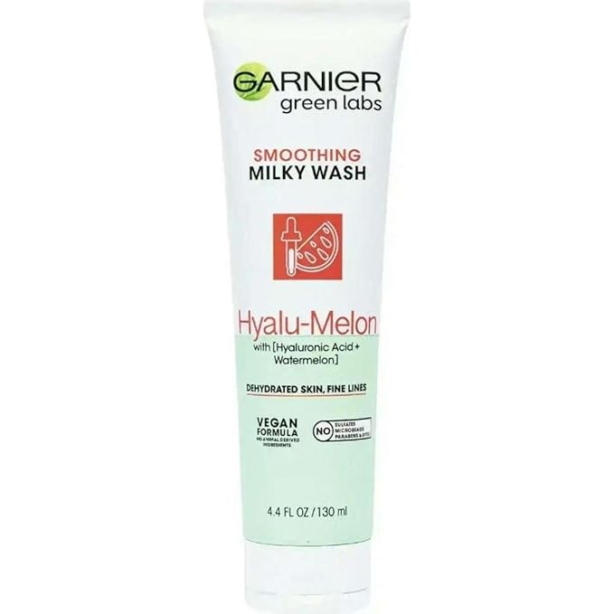 Garnier SkinActive Green Labs Hyalu-Melon Smoothing Milky Washable Cleanser with Hyaluronic Acid + Watermelon for Dehydrated Skin, Fine Lines, (Packaging May Vary), 4.4 FL Oz