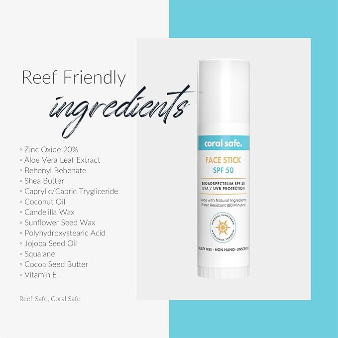 Reef Safe Sunscreen SPF 50 Mineral Face Stick 2 Pack, Hawaii & Mexico Approved, Biodegradable, Zinc, Vitamin E, Oxybenzone & Octinoxate Free, Water Resistant, Made in USA by Coral Safe
