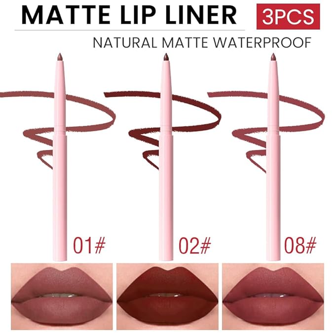 evpct 3Pcs Retractable Lip Liner Pencils Set Pack for Shaping & Sculpting Lips, Mauve Maroon Dark Wine Red Mauve Nude Creamy Matte Velvet Pigmented Lip Liner lipliners Crayon Lipstick,01 + 02 + 08
