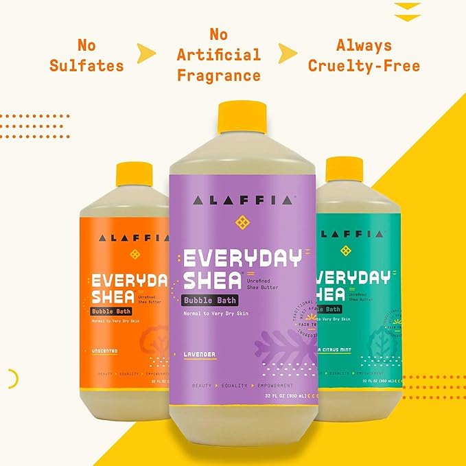 Alaffia Everyday Shea Bubble Bath, Cleanse, Soothe & Moisturize Skin, Made with Fair Trade Shea Butter, Cruelty Free, No Parabens, Vegan, Lavender, 2 Pack – 32 Fl Oz Ea