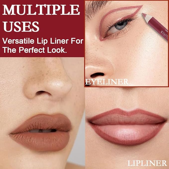 12 Pcs Natural Nude Brown Beige Colors Lip Liner Lipstick Pencils Set for Daily Makeup,Easy to Apply & Remove,Waterproof (set08)