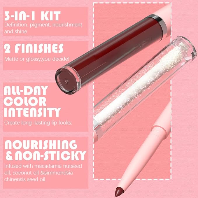 3-in-1Beige Nude Matte Lip Stain Kit | Waterproof Lip Liner + Hydrating Matte Lip Gloss + Nourishing Lip Oil | Long Lasting Plumping to Create Perfect Lip Makeup.03#
