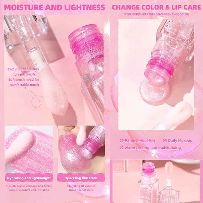 Hydrating Lip Gloss Transparent Lip Care,Magic Color Changing Moisturizing Lip Glow Oil Plumping Glimmer Glow Lipstick, Long Lasting Non-sticky Fresh Texture Lip Oil(Q2394-4#Change Color)