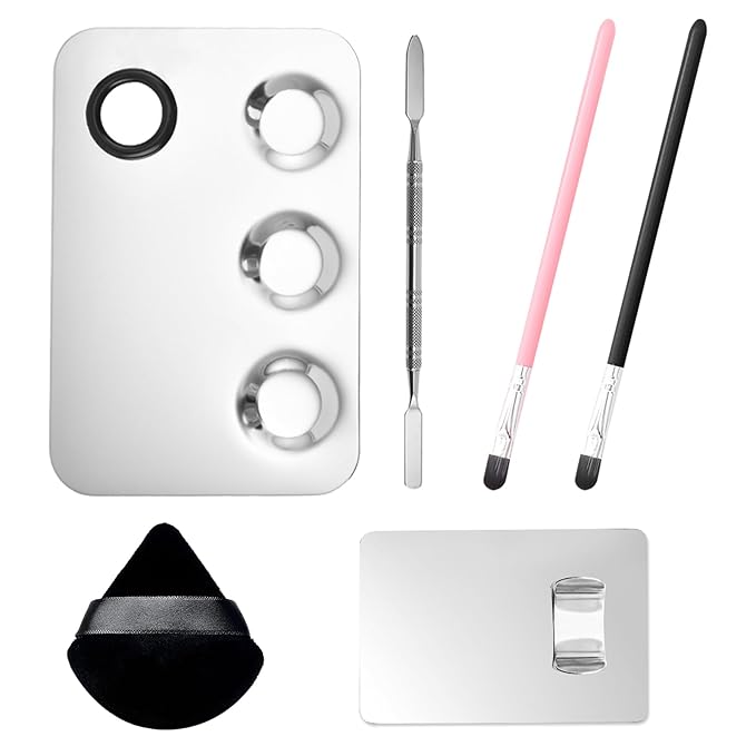 Stainless Steel Cosmetic Palette with Spatula, 3-well Mixing