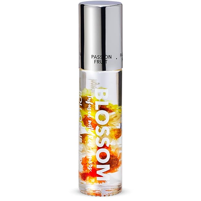 Blossom Roll on Lip Gloss, Scented Clear High Shine Moisturizing Lip Oil, Non Sticky, Infused with Real Flowers, Made in USA, 0.2oz, Passion Fruit