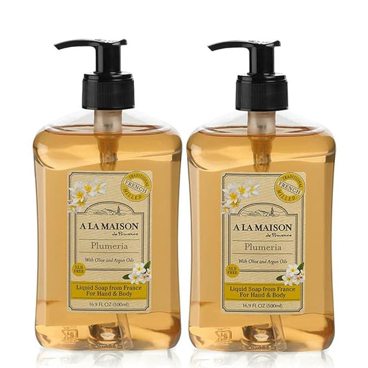 A LA MAISON French Liquid Hand Soap, Plumeria - Natural Hand Wash Made with Essential Oils - Biodegradable, Plant-Based, Vegan, Cruelty-Free, Alcohol & Paraben Free (16.9 oz, 2 Pack)
