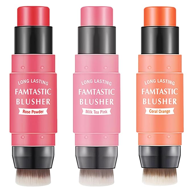 3 Pcs Cream Blush Stick with Brush,Waterproof Multi All Skin