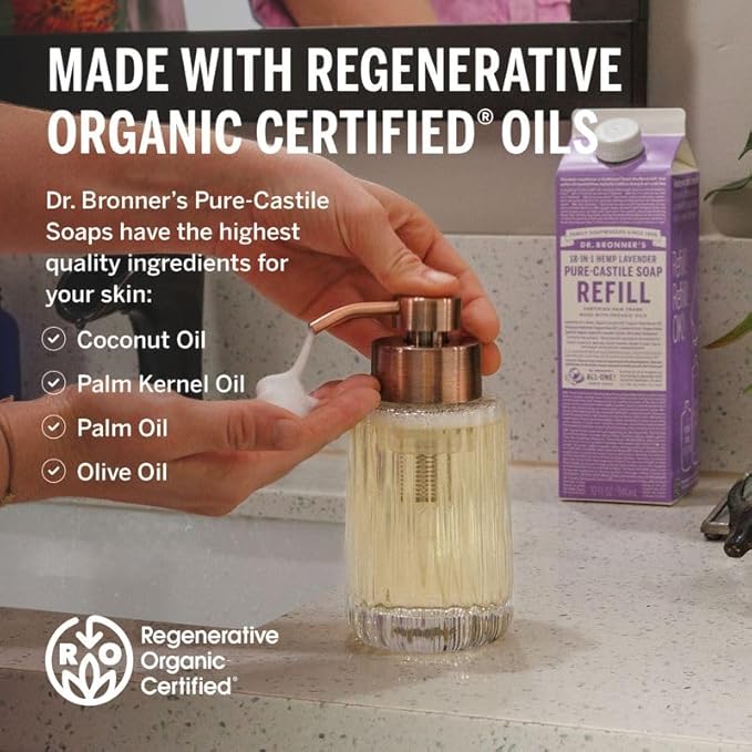 Dr. Bronner's Pure-Castile Liquid Soap Bottle & Refill Carton - Made with Regenerative Organic Certified Oils, 82% Less Plastic-18-in-1 Uses for Face, Body Wash, Hand Soap Refill- Lavender,32oz