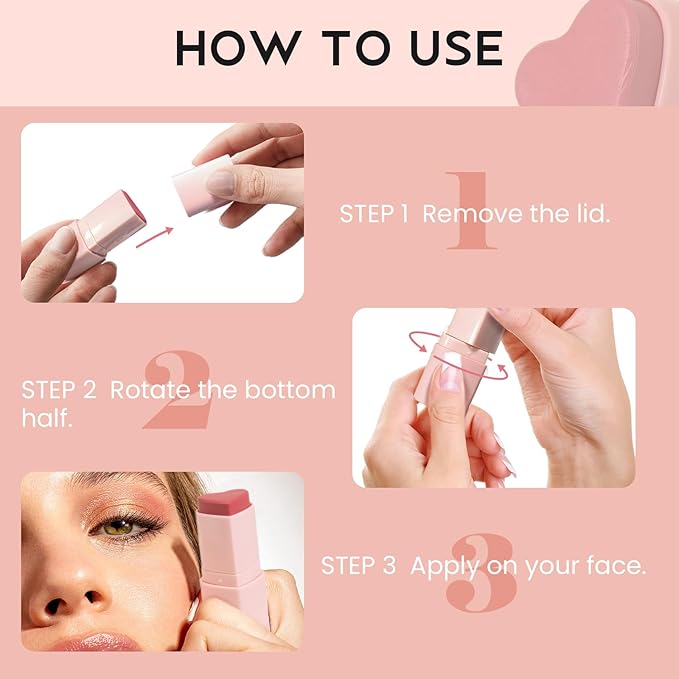 Blush Stick for Cheeks, Cream Blush with Heart-shaped, - Rose